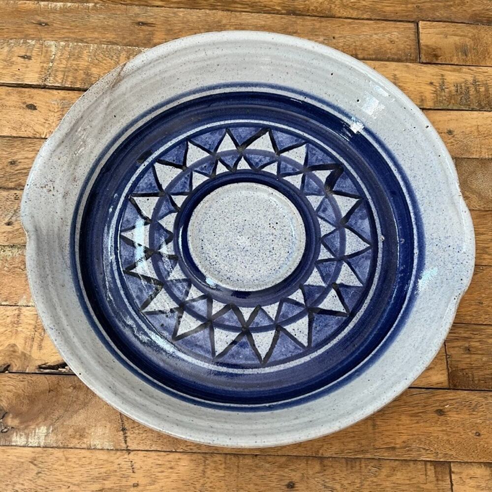 Handmade Stoneware Platter 12.5" Blue & Gray Geometric Pattern